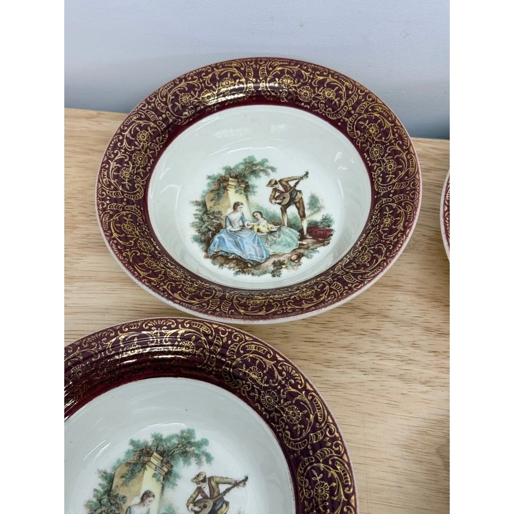 Sebring Pottery USA Courting Couple Burgundy Gold Filigree 6 In Bowls Set/5 #68